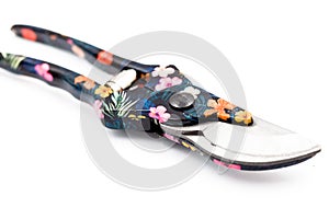 Garden secateurs with beautiful floral ornamental pattern isolated on a white background.