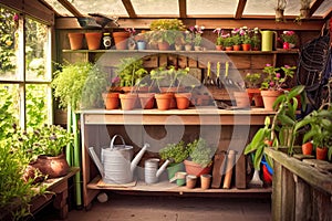 garden shed filled with potted plants and garden supplies