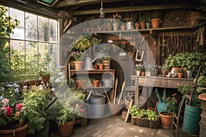 garden shed filled with potted plants and garden supplies