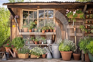 garden shed filled with potted plants and garden supplies