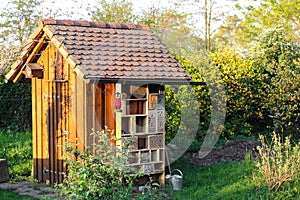 Garden shed with insect hotel