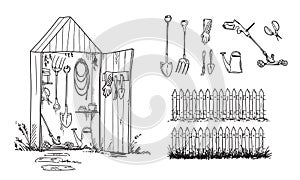 Garden shed and set of geardening tools and lawn mower, vector sketch