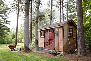 Garden Shed in the Trees Horizontal image of a brown and red garden shed and garden tools in the shade of tall pine trees photo