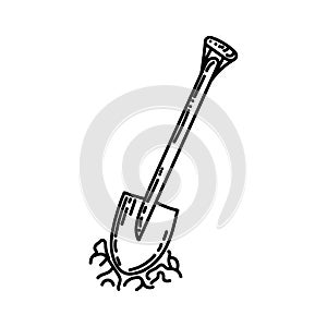 Garden shovel, hand-drawn doodle-style element. A tool for working in the garden. Ground cultivation for planting