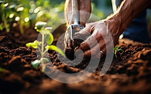 garden shovel with a pile of earth soil farmer hands planting to soil tomato seedling in the vegetable garden on the background a