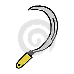 Garden sickle in hand drawn doodle style isolated on white background. Vector outline stock illustration. Tool for