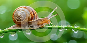 Garden snail crawling on plant stem. Head raised. Natural green background, dew water drops. For skin products