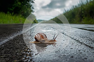 Garden snail crawls on wet road, journeying home under overcast sky