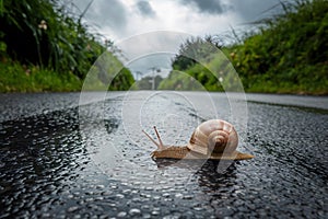 Garden snail crawls on wet road, journeying home under overcast sky photo