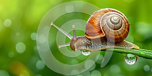 Garden snail sits on the plant stem. Natural green background, dew water drops. For skin products