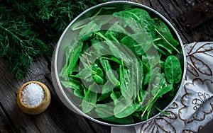 Garden sorrel in a bowl on wooden table.