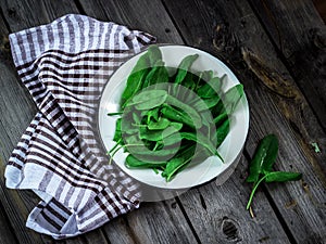 Garden sorrel in a bowl on wooden table. Style rustic. .