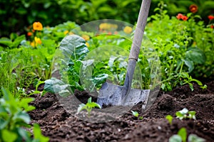 Garden spade stuck in dirt between plants in garden