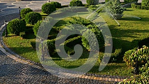 Garden sprinklers rotate and spray water to flowerbed in garden