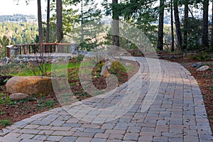 Garden Stone Brick Paver Walking Path to Backyard Deck