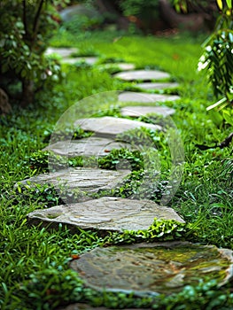 a garden stone path, where blades of grass emerge between the stones, highlighting the botanical richness of the
