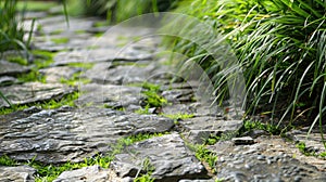 a garden stone path, where blades of grass emerge between the stones, highlighting the botanical richness of the