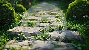a garden stone path, where blades of grass emerge between the stones, highlighting the botanical richness of the
