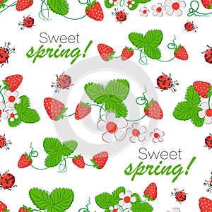 Garden strawberry. Vector background. Spring pattern. Bright flowers, berries and ladybugs.