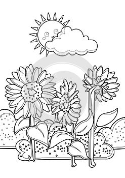 Garden Sunflowers Coloring Pages A4 for Kids and Adult