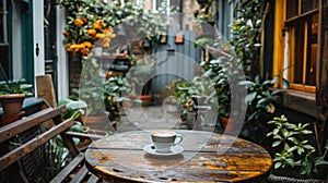 Garden table adorned with beautiful flowers. Lifestyle travel photography in London, showcase urban gardens, and soft.