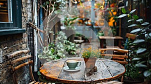 Garden table adorned with beautiful flowers. Lifestyle travel photography in London, showcase urban gardens, and soft.