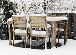 Garden table and chairs under snow