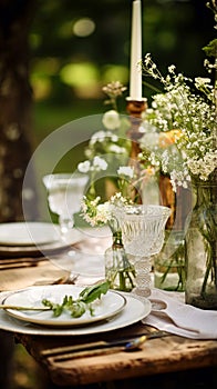 Garden table decoration, holiday tablescape, formal dinner table setting, table scape with elegant decor for wedding party and