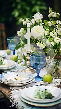 Garden table decoration, holiday tablescape, formal dinner table setting, table scape with elegant decor for wedding party and