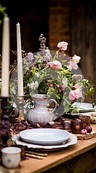 Garden table decoration, holiday tablescape, formal dinner table setting, table scape with elegant decor for wedding party and