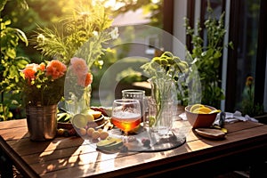 garden table with homemade gin, tonic, and garnishes