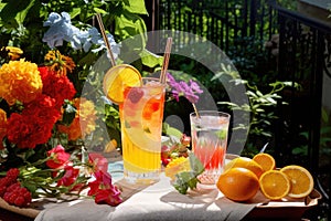 garden table with rum punch and colorful garnishes