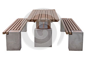Garden table set with benches made of wood and concrete on white