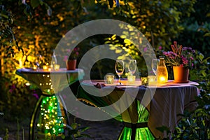 garden tables with cloth, glassware illumined by fairy lights