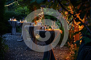 garden tables with cloth, glassware illumined by fairy lights