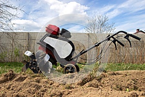 Garden tiller to work, tractor cultivating field at spring, loosens soil by petrol cultivator