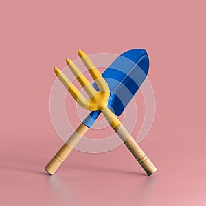 Garden tool. Blue blade and a yellow fork on pink background