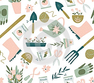 Garden tool seamless pattern. Vector illustration of gardening elements. Happy gardening.