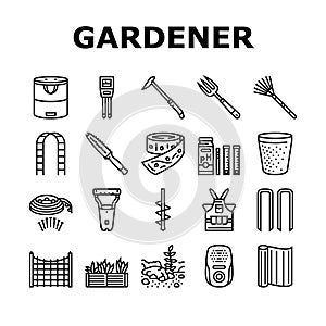 garden tool shovel rake icons set vector