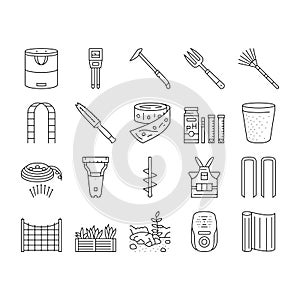 garden tool shovel rake icons set vector