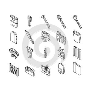 garden tool shovel rake isometric icons set vector