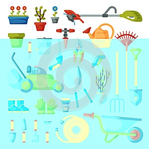 Garden tool vector gardening equipment rake or shovel and lawnmower of gardener farm collection or farming set