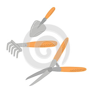 Garden tools: Chopper, scapula, rake isolated against a white background