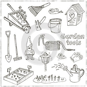 Garden tools doodle set. Various equipment and facilities for gardening and agriculture.