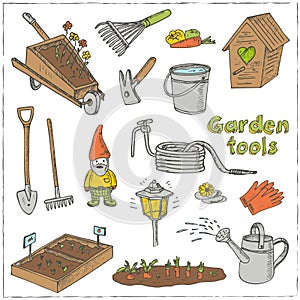 Garden tools doodle set. Various equipment facilities for gardening and agriculture.