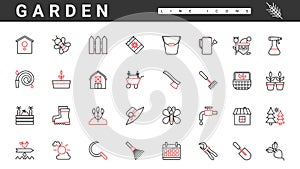 Garden tools and farming equipment for landscape design thin red and black line icons set