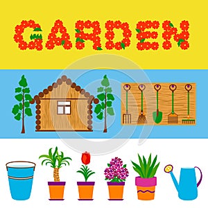 Garden tools and flowers web banners