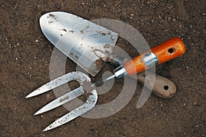 Garden tools - fork and trowel photo