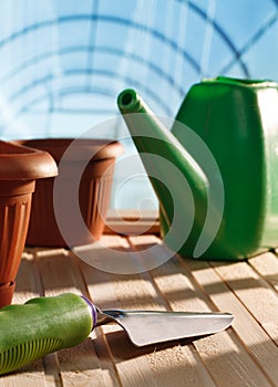 Garden tools in a greenhouse