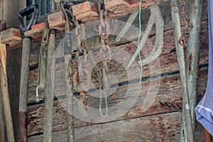 Garden tools hanging on a wooden framed shed or barn wall.